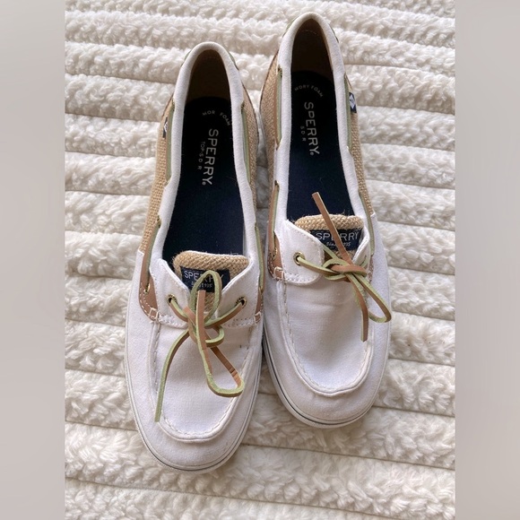Sperry Top-Sider Women’s Boat Shoes Size 8.5M White Canvas & Tan Leather - Picture 1 of 9